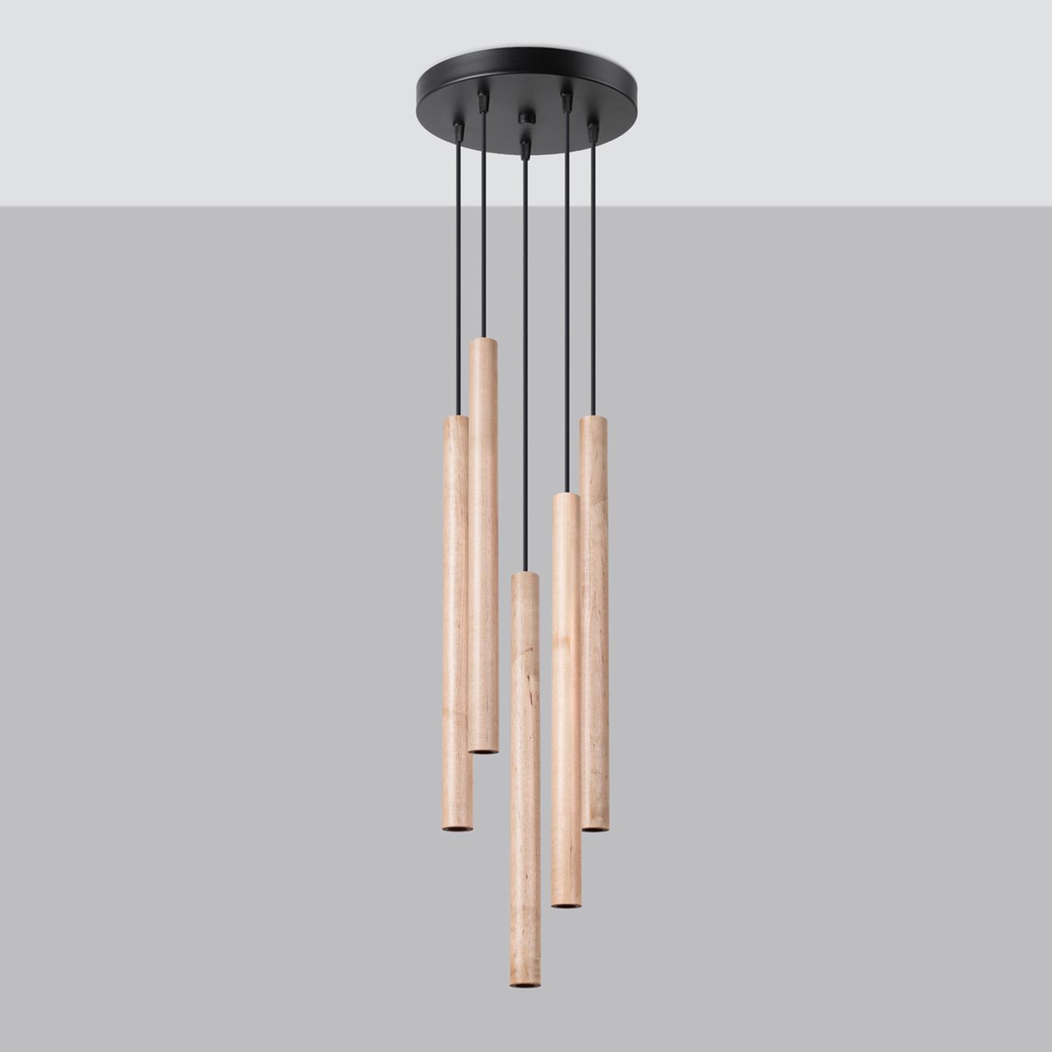 lámpara colgante PASTELO 5P de madera: un elegante diseño que combina estilo y calidez. Ideal para iluminar cualquier espacio, aportando un toque natural y acogedor.