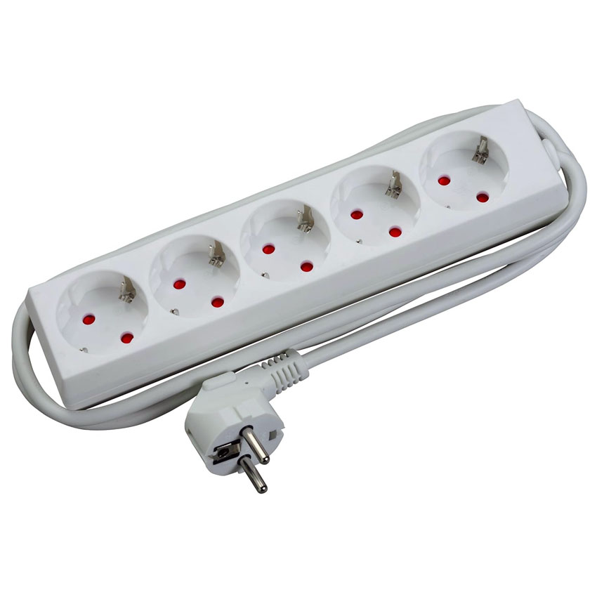 regleta alemana de 5 vías sin interruptor, cable de 1,5 m, 3G y 1,5 mm². Ideal para conectar múltiples dispositivos en casa u oficina de manera segura y eficiente. Color blanca.