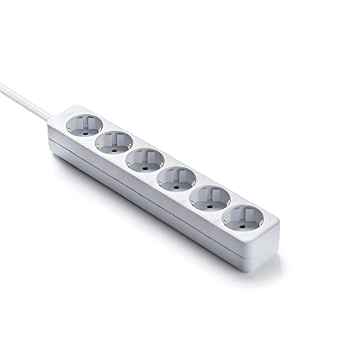 regleta alemana blanca de 6 vías sin interruptor, con una longitud de 1,5 m. Ofrece una conexión segura y eficiente con cable 3G de 1,5 mm², ideal para cualquier hogar.