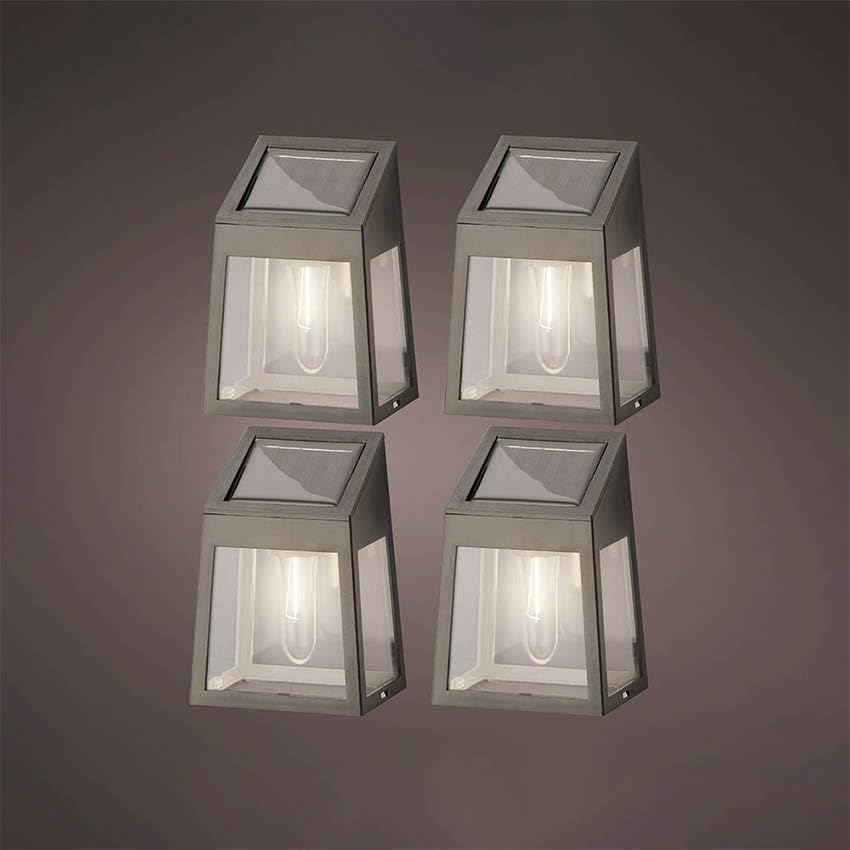 set de 4 apliques de pared solares LED, resistentes a la intemperie, autonomía prolongada, para iluminación exterior y decorativa.