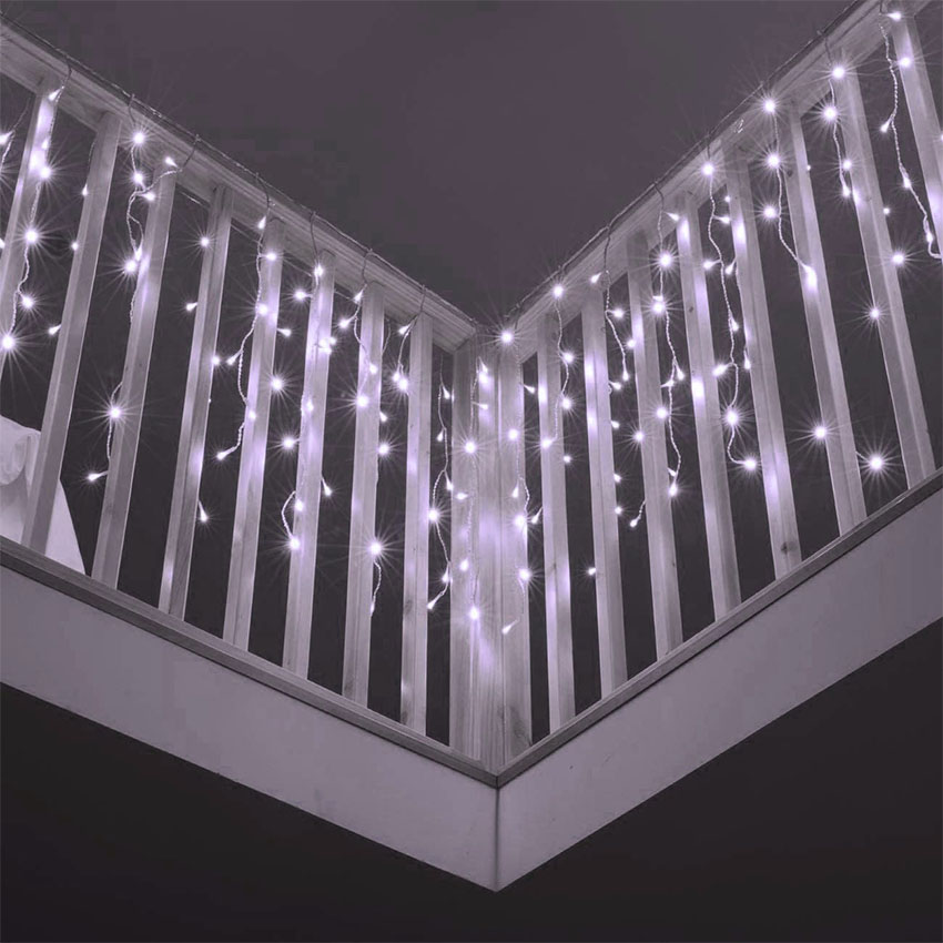 cadena de luces LED planas de carámbano, batería 3AA, 15m x 0.6m, blanco frío, IP44, para decoración interior y exterior.