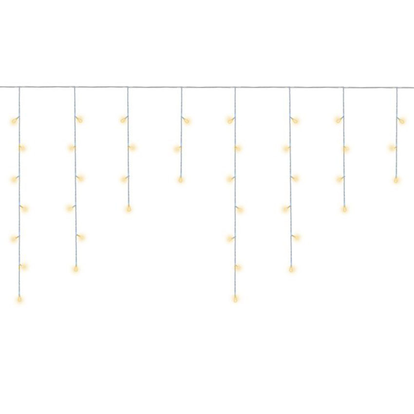 cadena de luces planas tipo carámbano, batería 3AA, blanco cálido, 10m x 0,6m, ideal para decorar eventos y ambientar espacios.